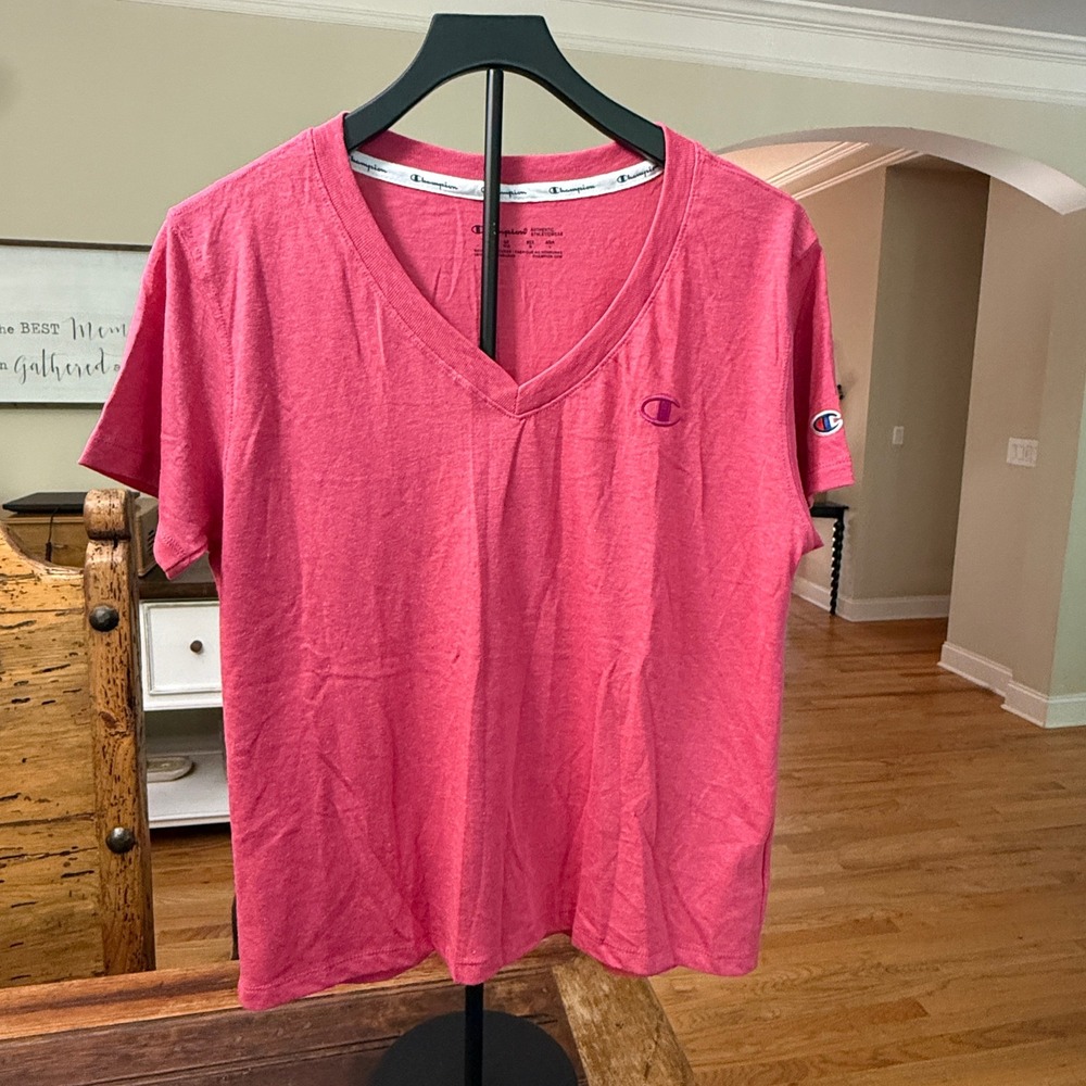 Champion Womens V-Neck Short Sleeve T-Shirt Pink Heather W3272GAWTJ Medium